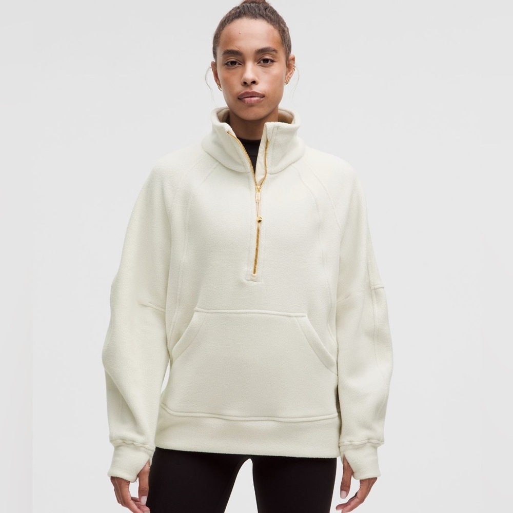 NWOT Lululemon Scuba Tumbled Fleece Funnel-Neck Half Zip Long Bone/Gold M/L